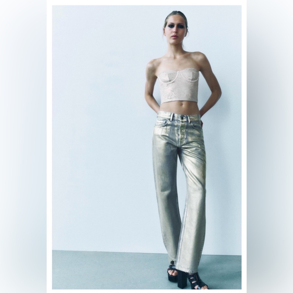 Zara | ZW Collection Gold Foil Mid Rise Straight Jeans | NWT | Size 10